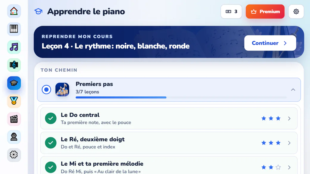 Les cours de piano dans l'application Android Pianovera : reprise de la leçon en cours et chemin du chapitre Premiers pas.