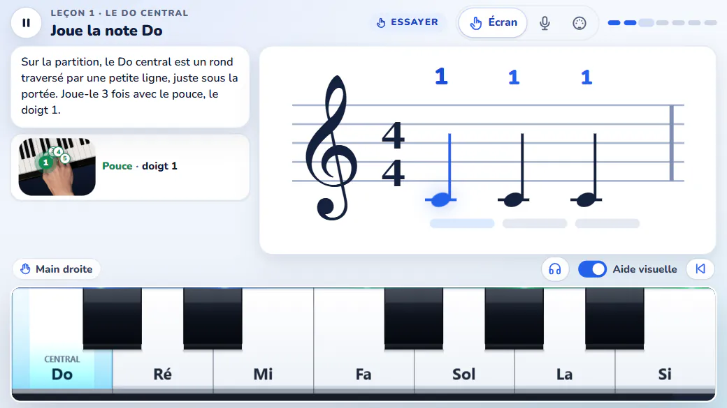 Une leçon sur téléphone : portée, doigté, main numérotée et clavier tactile.